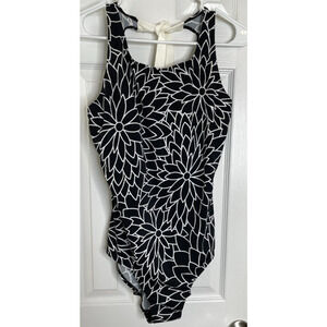 Islander Womens One Piece Swimsuit Size 14 Black White Floral Print Swim NWT